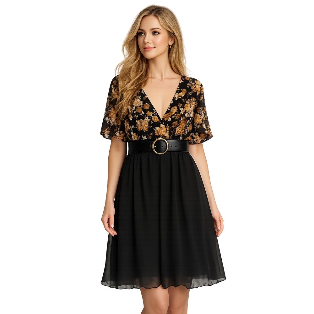 Black Floral Chiffon Empire Waist Dress Women’s Large Boho Belted